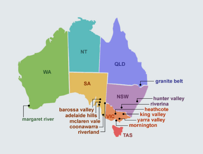 carte des régions viticoles en Australie 